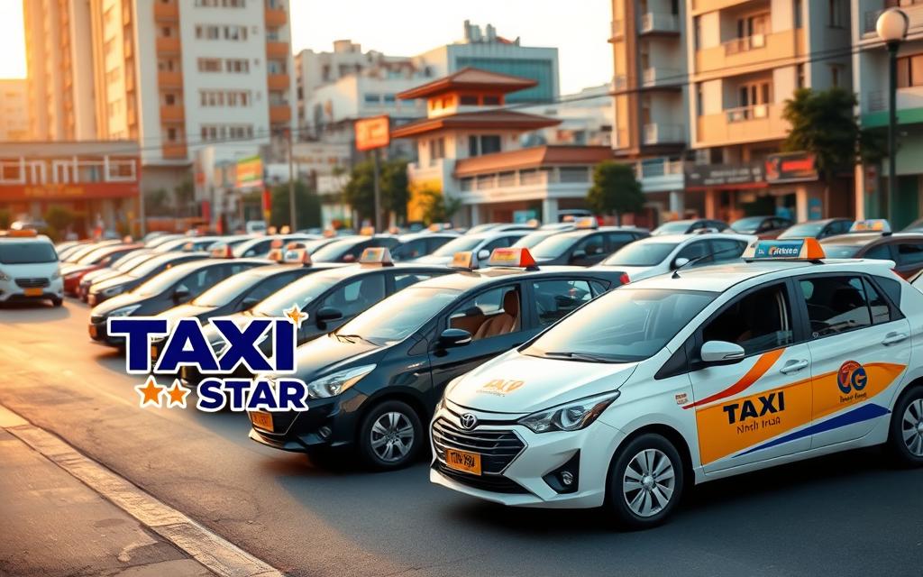 A bustling city street in Ninh Thuận, with an array of distinct taxi services prominently displayed. In the foreground, the Taxi Star logo stands out, its sleek design and vibrant colors catching the eye. The middle ground features a variety of taxi models, each with its own unique features and branding. In the background, a blend of modern and traditional architecture sets the scene, hinting at the diverse landscape of the region. The lighting is warm and inviting, casting a gentle glow over the entire composition. The angle is slightly elevated, allowing the viewer to take in the full scope of the taxi landscape in Ninh Thuận.