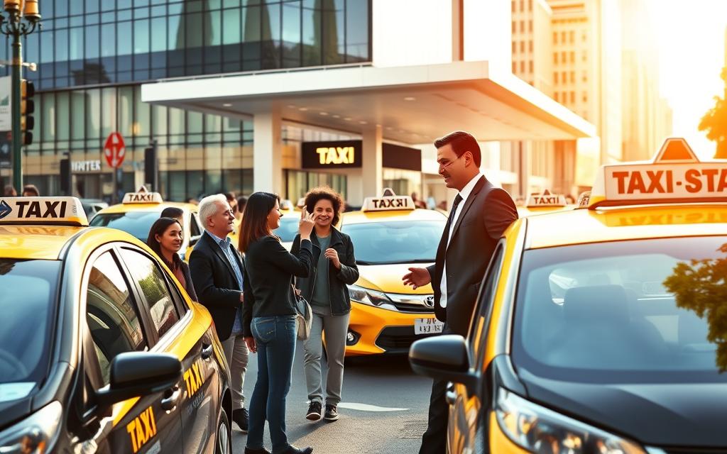 A bustling city street, with a fleet of Taxi Star vehicles lining the curb. In the foreground, a group of passengers engaged in lively discussion, gesturing animatedly as they share their experiences. The middle ground features a well-dressed businessman hailing a cab, while in the background, a modern taxi terminal with a sleek, minimalist design. Bright, warm lighting bathes the scene, creating a welcoming and vibrant atmosphere. The overall composition conveys a sense of customer satisfaction and appreciation for the reliable Taxi Star service.