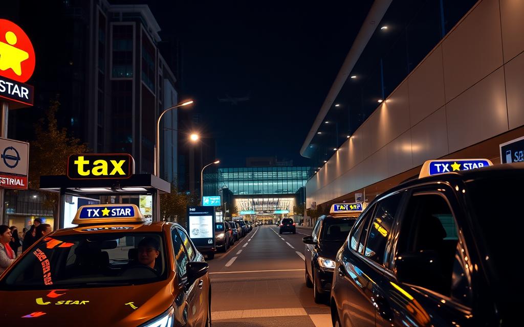 A modern city street at night, with neon signs and streetlights illuminating the way. In the foreground, a well-designed taxi stand with the prominent "Taxi Star" branding. Passengers are waiting to board the taxis, their faces lit by the warm glow of the taxi's interior. The middle ground features a clear path leading to the airport terminal, with signage and wayfinding visible. The background showcases the airport's modern architecture, with a sleek, minimalist aesthetic. The overall scene conveys a sense of efficiency, convenience, and a seamless transportation experience for the traveler.