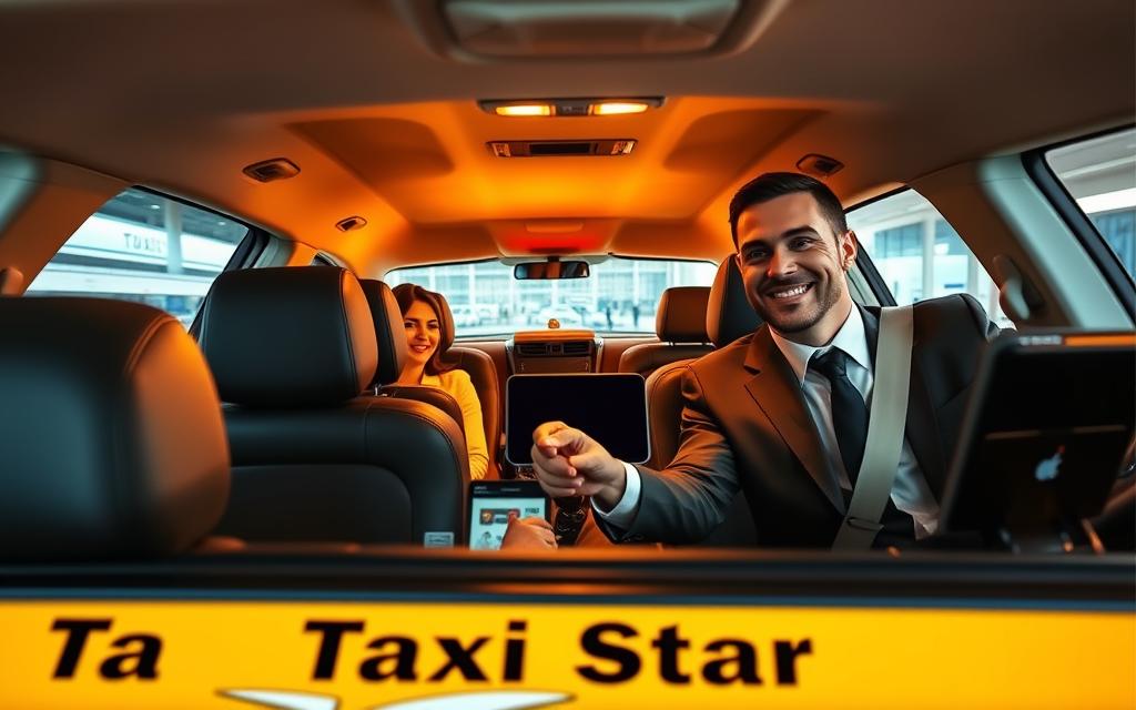 A neatly organized airport transfer service with passengers boarding a sleek, well-branded "Taxi Star" vehicle. The scene depicts the smooth process of booking, pickup, and transport, showcasing the convenience and professionalism of the service. Warm lighting illuminates the modern, minimalist interior of the car, creating a comfortable ambiance. The driver, dressed smartly, greets the passengers with a welcoming smile, ensuring a pleasant start to their journey. In the background, the airport terminal can be seen, hinting at the seamless connection between the transportation service and the traveler's overall experience.