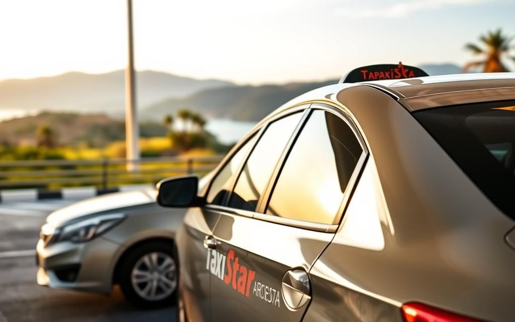 A sleek, modern taxi in the foreground, its "Taxi Star" insignia prominently displayed, waits to pick up passengers at the Cam Ranh Airport terminal. The background depicts a picturesque coastal landscape, with rolling hills and palm trees, reflecting the scenic route to Phan Rang. Soft, warm lighting illuminates the scene, conveying a sense of comfort and reliability for the airport transfer service. The composition emphasizes the taxi's availability and accessibility, inviting travelers to effortlessly continue their journey from the airport to their final destination.