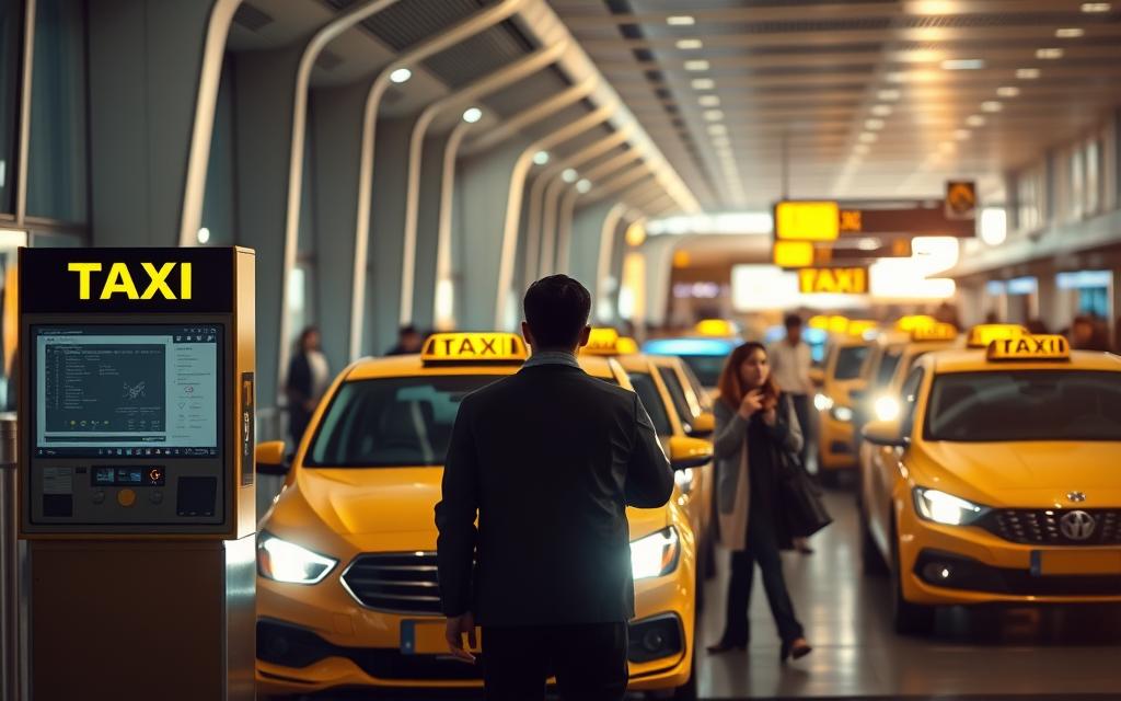 A vibrant scene of the airport taxi booking process. In the foreground, a person standing at a "Taxi Star" booth, their silhouette against a backdrop of sleek, modern architecture. The middle ground features a lineup of taxis, their headlights gleaming, as passengers queue to board. In the background, the hustle and bustle of the airport terminal, with travelers hurrying to their destinations. Soft, warm lighting illuminates the scene, creating a welcoming atmosphere. The overall composition conveys the seamless, efficient taxi service available to travelers at this airport.
