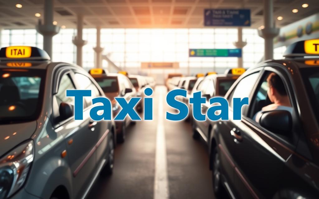 A well-lit, high-quality photograph of a side-by-side comparison of Taxi Star and other leading taxi companies at Cam Ranh Airport. The image should feature the Taxi Star logo prominently in the foreground, with other taxis and airport infrastructure visible in the background. The lighting should be natural and warm, creating a welcoming and professional atmosphere. The perspective should be slightly elevated, allowing the viewer to see the full scale of the scene. The image should convey a sense of reliability, efficiency, and customer service that the Taxi Star brand represents.